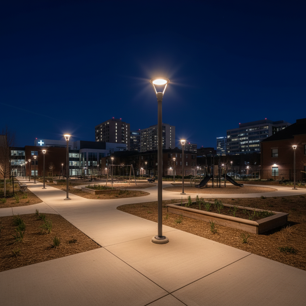 A nighttime city scene focused on a well-maintained public housing courtyard illuminated by evenly spaced, energy-efficient lampposts casting warm pools of light on clean pathways, playground equipment, and community garden beds. In the distance, the silhouettes of a public hospital and office buildings suggest the broader policy environment. The sky is a deep navy with a faint urban glow. Photographic realism, captured from a low-angle corner of the courtyard, using a wide lens so the lit paths lead the eye toward the background institutions. The lighting creates gentle contrasts without harsh shadows, evoking safety and dignity. The mood is quietly hopeful and reflective, emphasizing how thoughtful housing and urban design policies shape lived environments, all portrayed without any visible residents or figures.