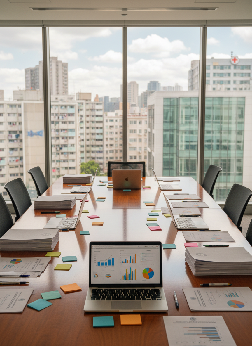 A long, polished wooden conference table covered with neatly arranged policy reports, open laptops displaying charts, and color-coded sticky notes, set in a bright, modern civic meeting room. Floor-to-ceiling windows reveal a dense cityscape with a mix of public housing towers and healthcare clinics in the distance, slightly out of focus. Soft midday natural light floods the room, creating crisp reflections on the table’s surface and gentle shadows under each object. Photographic realism, shot at eye level with a moderate depth of field so the documents in the foreground are sharp while the city outside blurs into a thoughtful backdrop. The mood is professional, analytical, and balanced, suggesting a careful weighing of social policy options without showing any people.