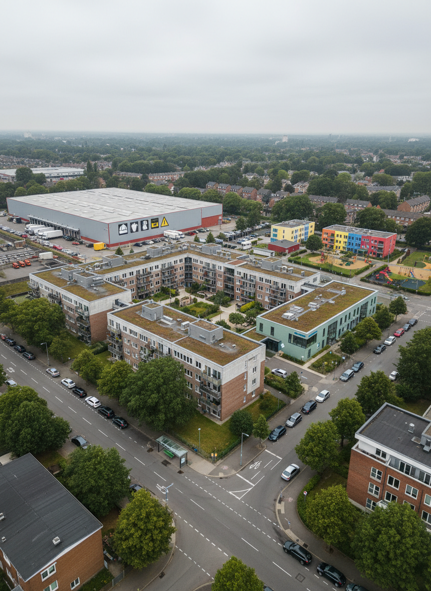 An aerial photographic view of a diverse neighborhood block showing a compact public housing complex, a small community health center, a childcare facility, and a nearby light industrial area with a warehouse emblazoned with generic labor-safety symbols (no text). Narrow tree-lined streets weave between the buildings, and a bus stop shelter hints at public transit access. Overcast daylight creates soft, diffused lighting with minimal shadows, emphasizing structural forms and colors rather than drama. The composition is wide and expansive with sharp focus throughout, inviting the eye to trace how different social policies intersect in one place. The mood is observant and evidence-based, suggesting systems-thinking about housing, healthcare, and labor in real communities, conveyed entirely through architecture and infrastructure rather than human figures.