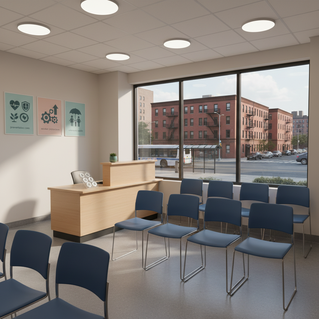 The interior of a compact, bright primary care clinic waiting area that serves a low-income neighborhood, carefully staged without people. Rows of simple, clean chairs are neatly aligned, a reception desk holds a small stack of numbered tokens, and informational posters about preventative care and worker protections are represented by icons and diagrams without text. Large windows show an adjacent bus stop and mid-rise apartment buildings, signaling accessible location. Soft, diffused afternoon light fills the space, complemented by subtle ceiling lighting, creating an even, reassuring brightness. Photographic realism, shot from an eye-level corner angle to capture depth and spatial flow. The atmosphere is calm, orderly, and inclusive, illustrating how universal healthcare policies can translate into approachable community clinics embedded in everyday urban life.