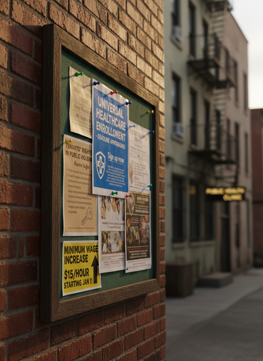 A close-up of a sturdy, weathered community bulletin board mounted on a brick wall, covered in overlapping flyers about universal healthcare enrollment, tenants’ rights in public housing, and minimum wage changes. Pushpins in varied colors hold slightly curled paper edges, revealing layers of past notices beneath. The alley-like urban setting recedes into a softly blurred background of mixed-use buildings and a small public clinic sign. Late afternoon golden light grazes the brick texture and paper fibers, casting delicate, directional shadows. Captured in photographic realism from a slightly angled perspective, the composition uses rule of thirds to emphasize the healthcare flyer. The atmosphere feels grounded, local, and pragmatic, highlighting how national social policies filter down into real neighborhoods without depicting any people.