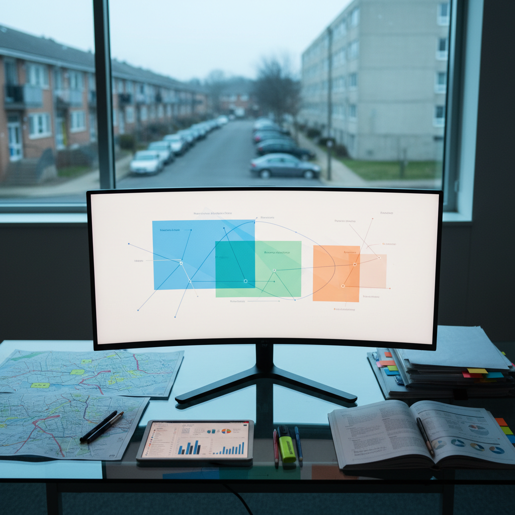 A meticulously organized research desk with a large, sleek monitor displaying overlapping translucent graphs comparing healthcare access, housing affordability, and employment stability across regions, all rendered as clear shapes and colors without text. Surrounding the monitor are printed maps with highlighted districts, a tablet showing a data dashboard, and a thick open report marked with colored tabs. The desk sits near a window overlooking a modest residential street lined with low-rise apartments and a small public housing block in the midground. Soft, cool morning light streams in, balancing with the monitor’s gentle glow and creating subtle reflections on a glass desk surface. Photographic realism, shot from a slightly elevated angle with shallow depth of field to keep the data workspace in sharp focus while the street outside is softly blurred. The atmosphere is professional, calm, and analytical.